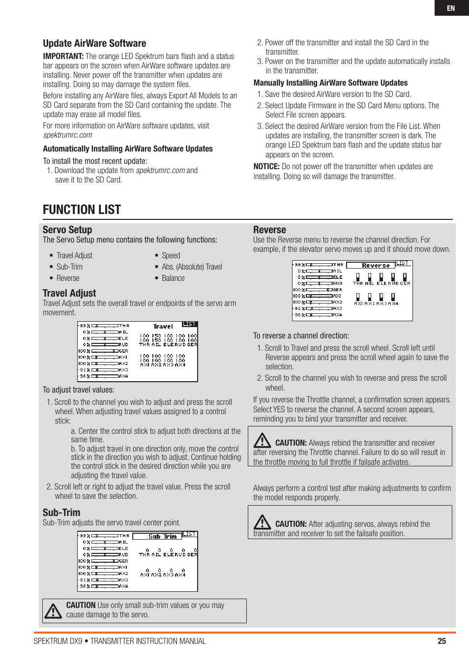 Function list, Servo setup, Travel adjust | Sub-trim, Reverse, Update airware software | Spektrum SPMR9900 DX9 User Manual | Page 25 / 48