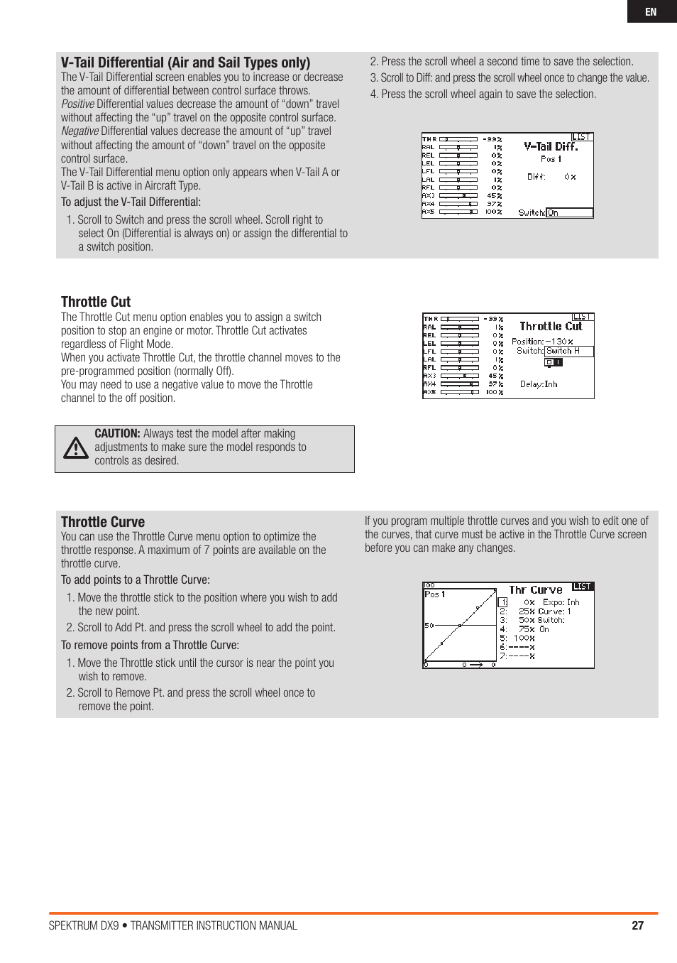 V-tail differential (air and sail types only), Throttle cut, Throttle curve | Spektrum SPMR9900 DX9 User Manual | Page 27 / 48