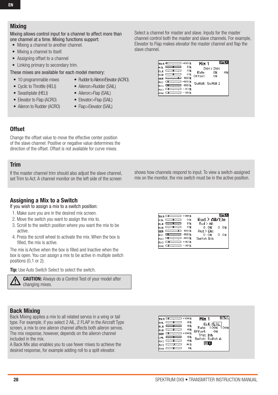 Mixing, Offset, Trim | Assigning a mix to a switch, Back mixing | Spektrum SPMR9900 DX9 User Manual | Page 28 / 48