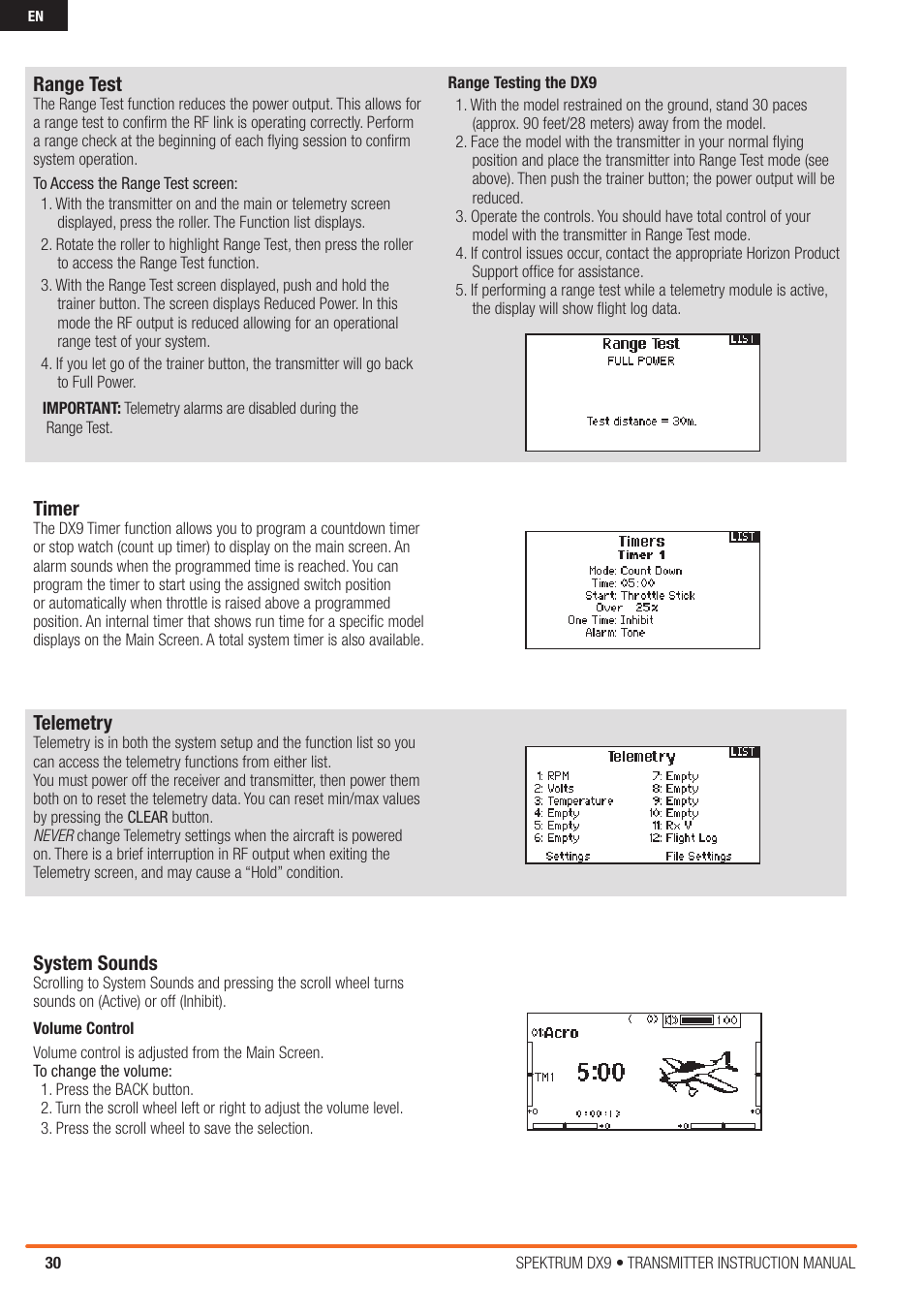 Range test, Timer, Telemetry | System sounds | Spektrum SPMR9900 DX9 User Manual | Page 30 / 48