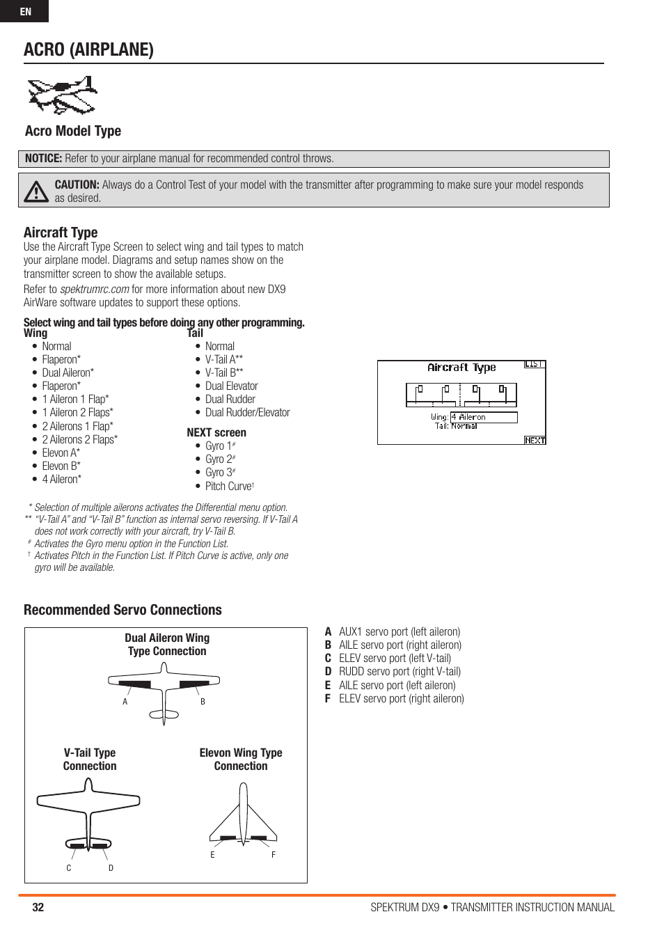 Acro (airplane), Aircraft type, Recommended servo connections | Acro model type | Spektrum SPMR9900 DX9 User Manual | Page 32 / 48
