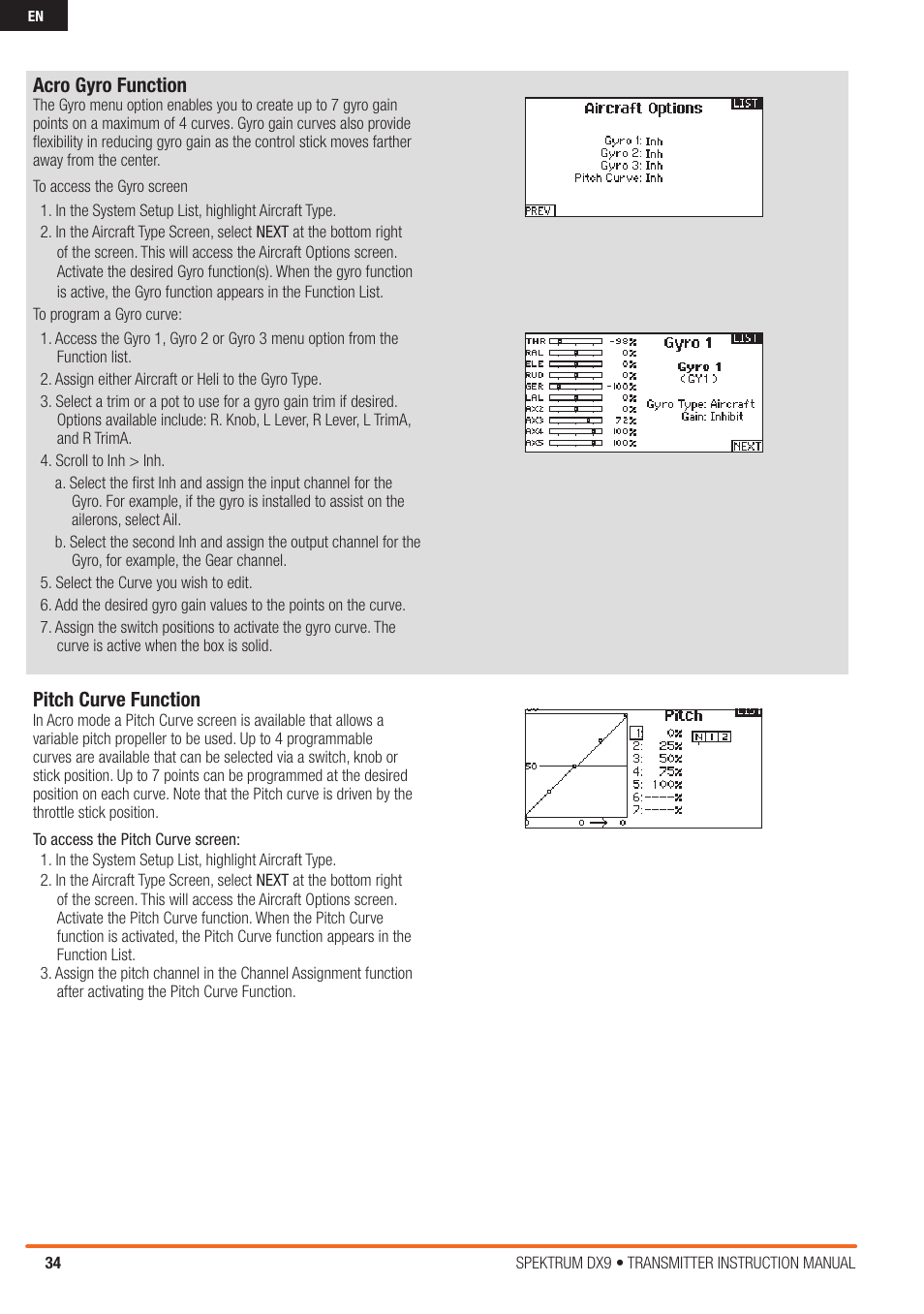 Acro gyro function, Pitch curve function | Spektrum SPMR9900 DX9 User Manual | Page 34 / 48