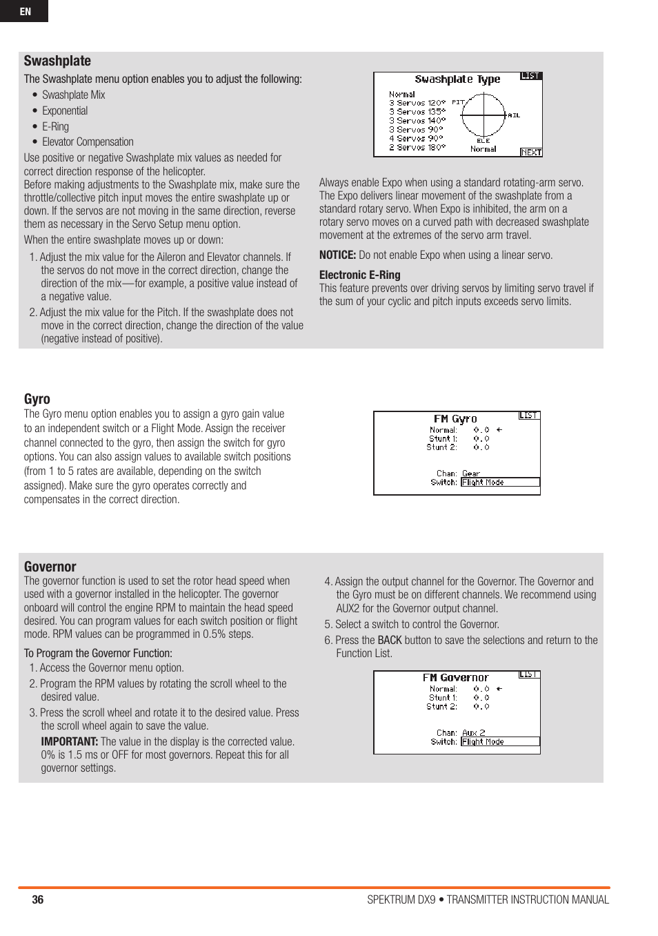 Swashplate, Gyro, Governor | Spektrum SPMR9900 DX9 User Manual | Page 36 / 48