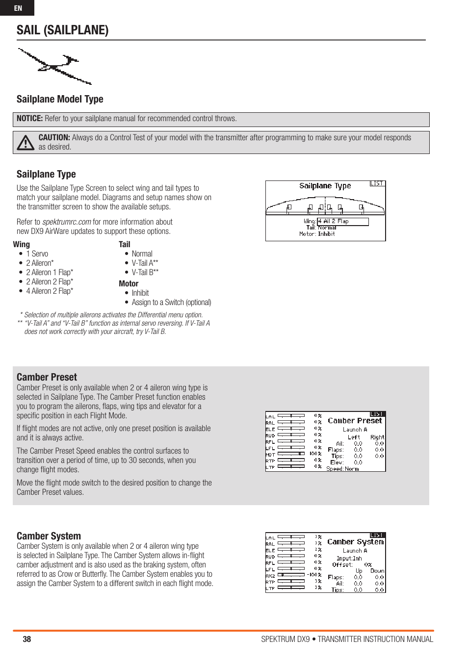 Sail (sailplane), Sailplane type, Camber preset | Sailplane model type, Camber system | Spektrum SPMR9900 DX9 User Manual | Page 38 / 48