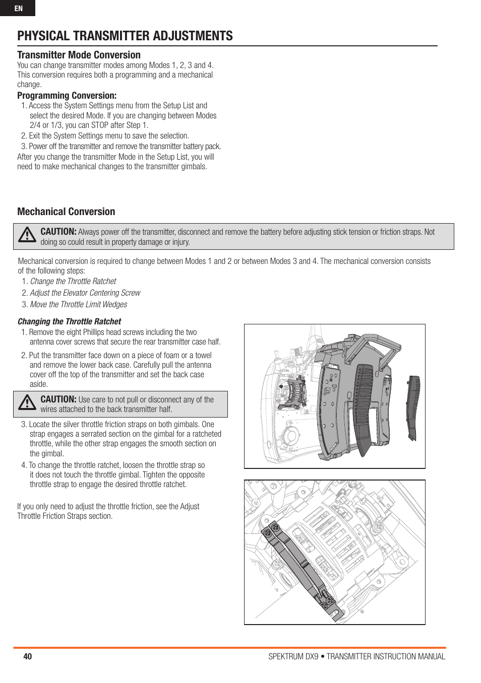 Physical transmitter adjustments, Transmitter mode conversion, Mechanical conversion | Spektrum SPMR9900 DX9 User Manual | Page 40 / 48
