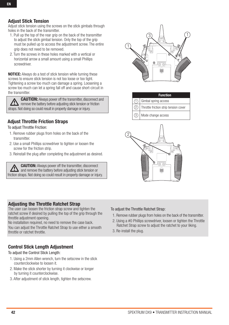 Adjusting the throttle ratchet strap, Control stick length adjustment, Adjust stick tension | Adjust throttle friction straps | Spektrum SPMR9900 DX9 User Manual | Page 42 / 48