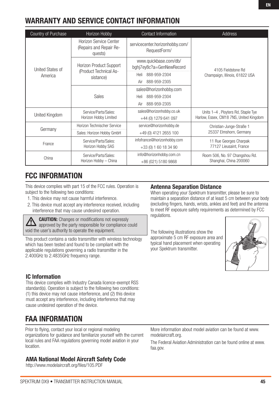 Fcc information faa information, Warranty and service contact information, Antenna separation distance | Ic information, Ama national model aircraft safety code | Spektrum SPMR9900 DX9 User Manual | Page 45 / 48