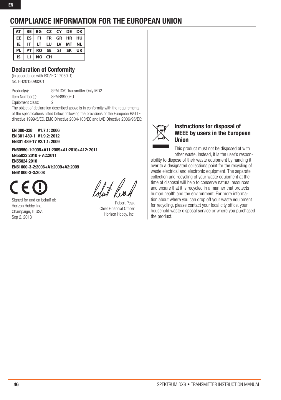Compliance information for the european union, Declaration of conformity | Spektrum SPMR9900 DX9 User Manual | Page 46 / 48