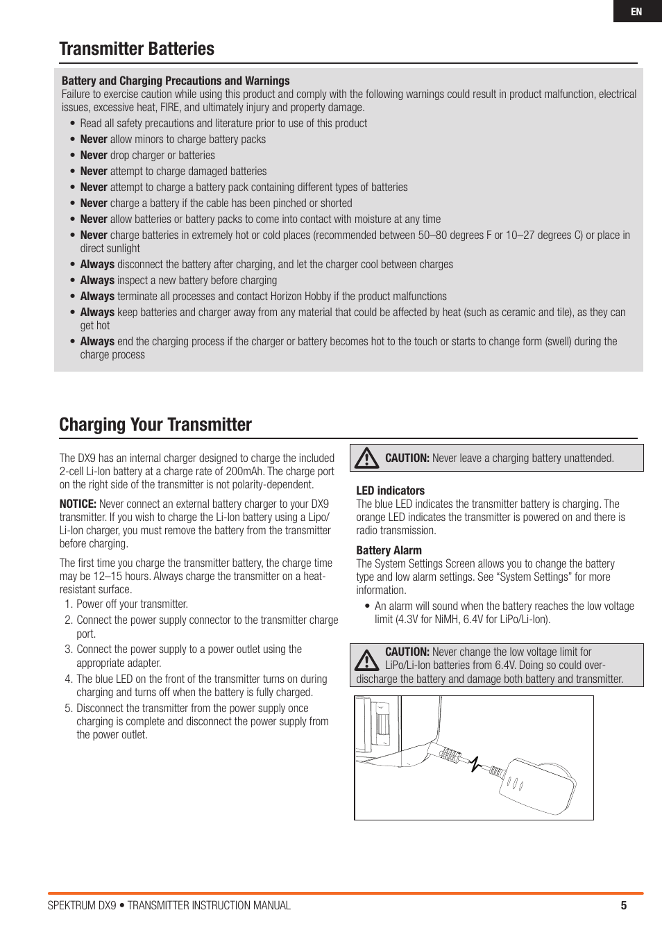 Transmitter batteries charging your transmitter | Spektrum SPMR9900 DX9 User Manual | Page 5 / 48
