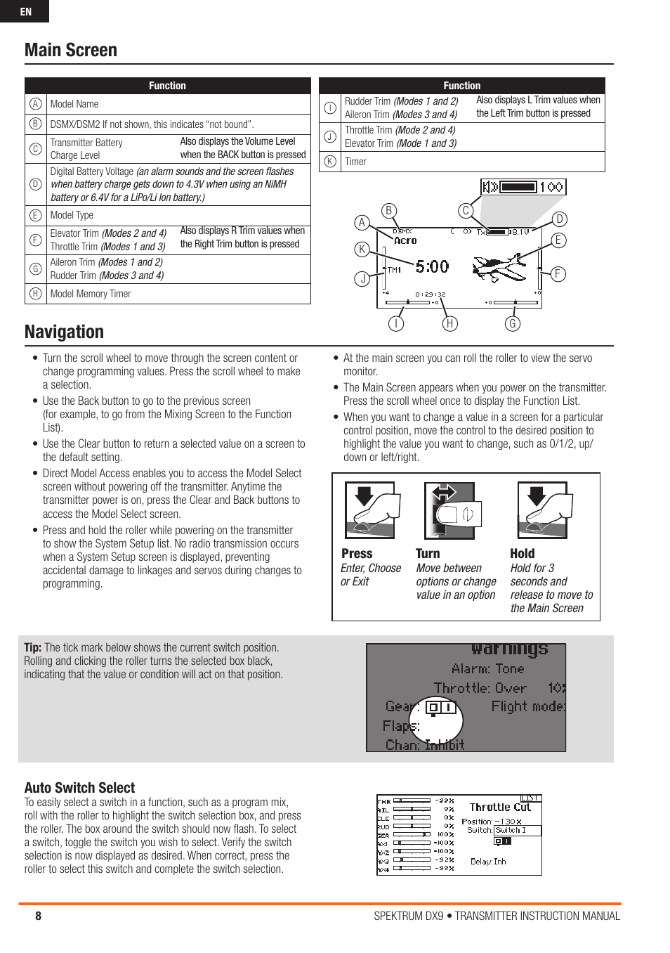 Turn press press, Navigation main screen, Auto switch select | Spektrum SPMR9900 DX9 User Manual | Page 8 / 48