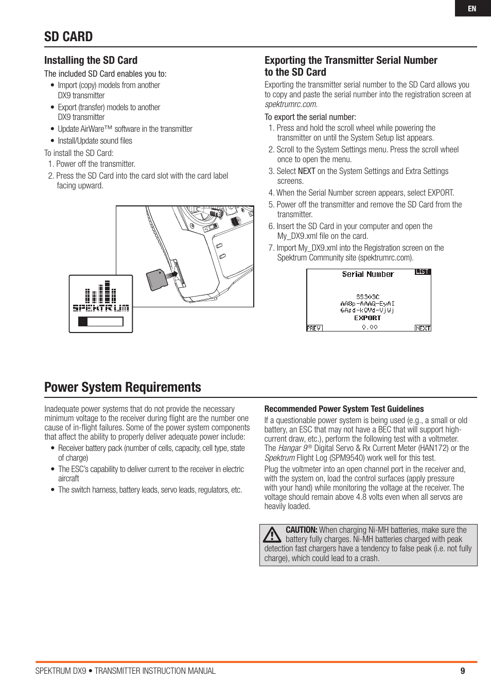 Sd card power system requirements, Installing the sd card | Spektrum SPMR9900 DX9 User Manual | Page 9 / 48