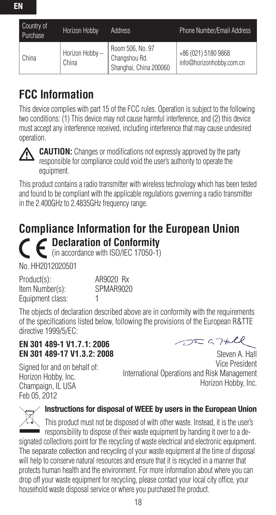 Fcc information, Compliance information for the european union, Declaration of conformity | Spektrum SPMAR9020 User Manual | Page 18 / 72