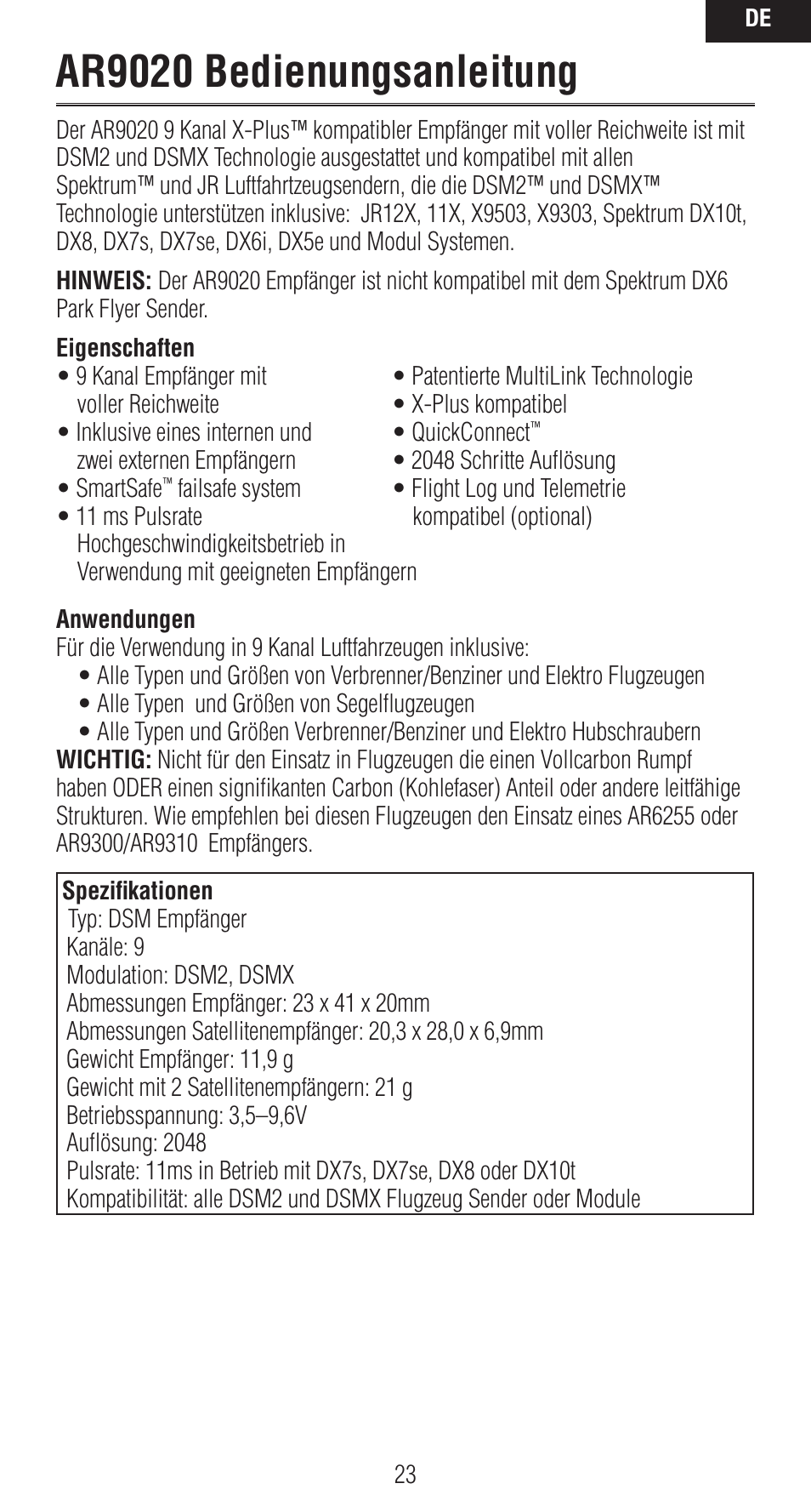 Ar9020 bedienungsanleitung | Spektrum SPMAR9020 User Manual | Page 23 / 72