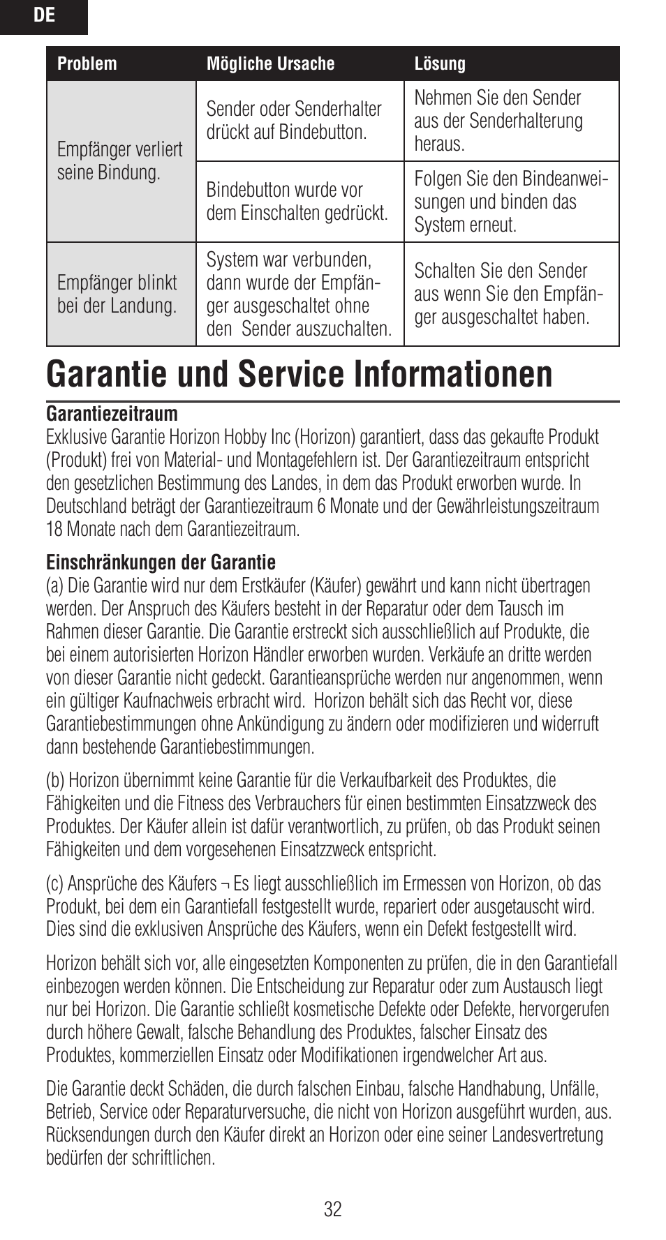 Garantie und service informationen | Spektrum SPMAR9020 User Manual | Page 32 / 72