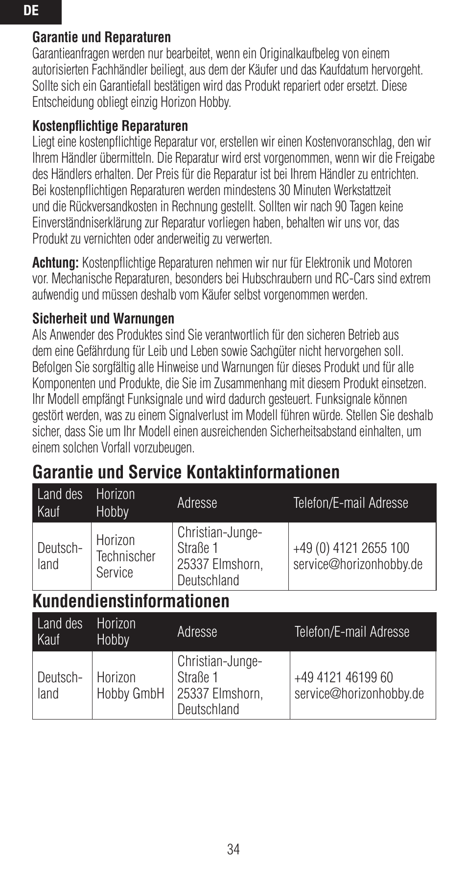 Garantie und service kontaktinformationen, Kundendienstinformationen | Spektrum SPMAR9020 User Manual | Page 34 / 72