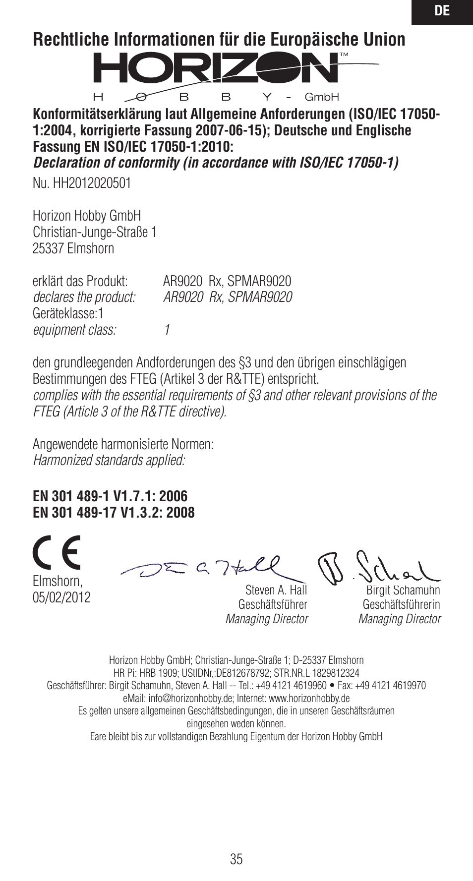 Rechtliche informationen für die europäische union | Spektrum SPMAR9020 User Manual | Page 35 / 72