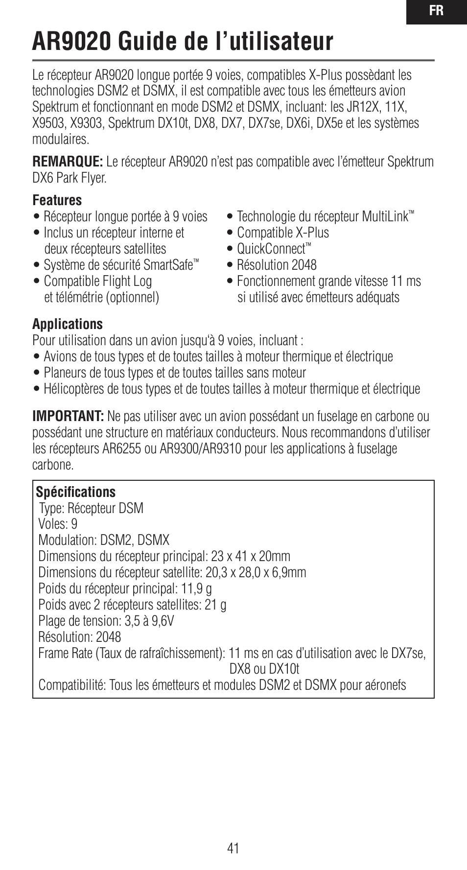 Ar9020 guide de l’utilisateur | Spektrum SPMAR9020 User Manual | Page 41 / 72