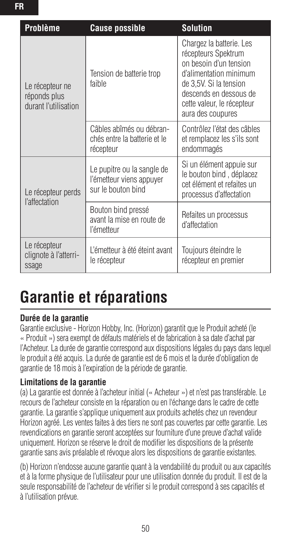 Garantie et réparations | Spektrum SPMAR9020 User Manual | Page 50 / 72