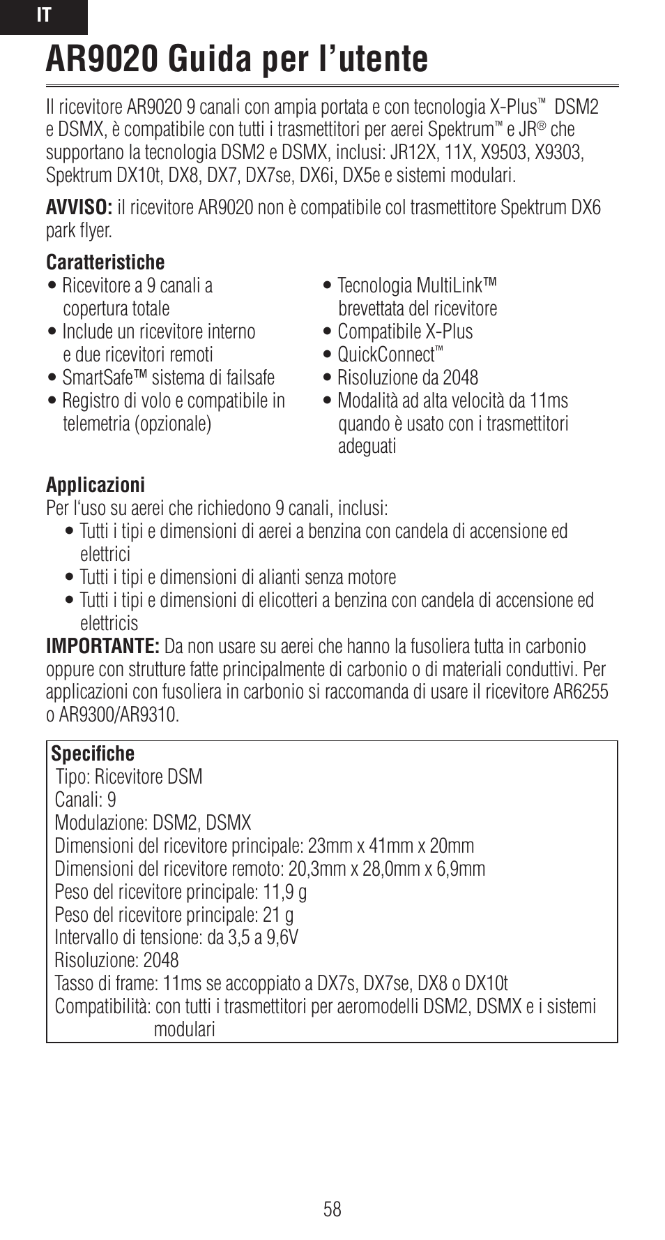 Ar9020 guida per l’utente | Spektrum SPMAR9020 User Manual | Page 58 / 72