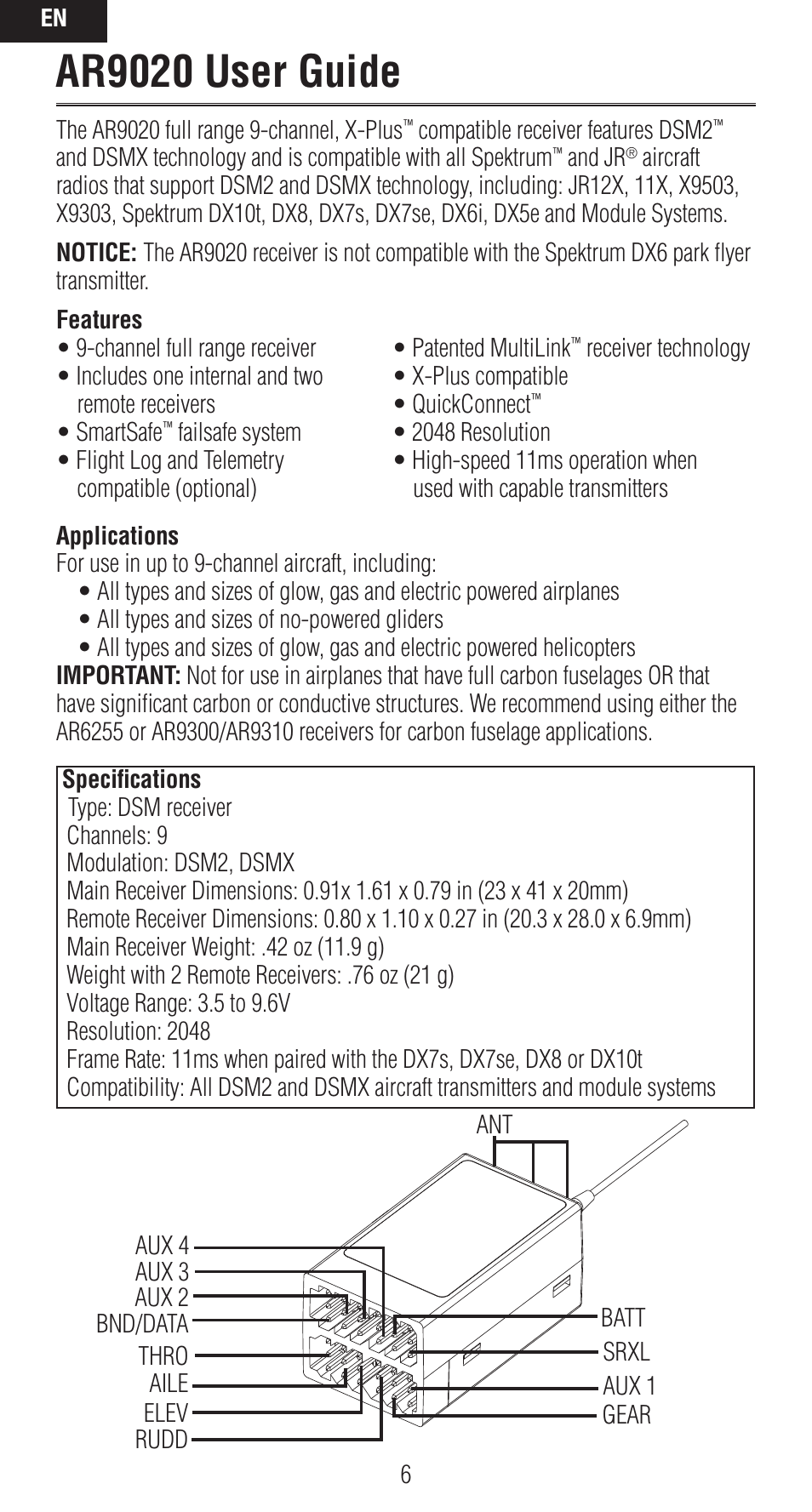 Ar9020 user guide | Spektrum SPMAR9020 User Manual | Page 6 / 72