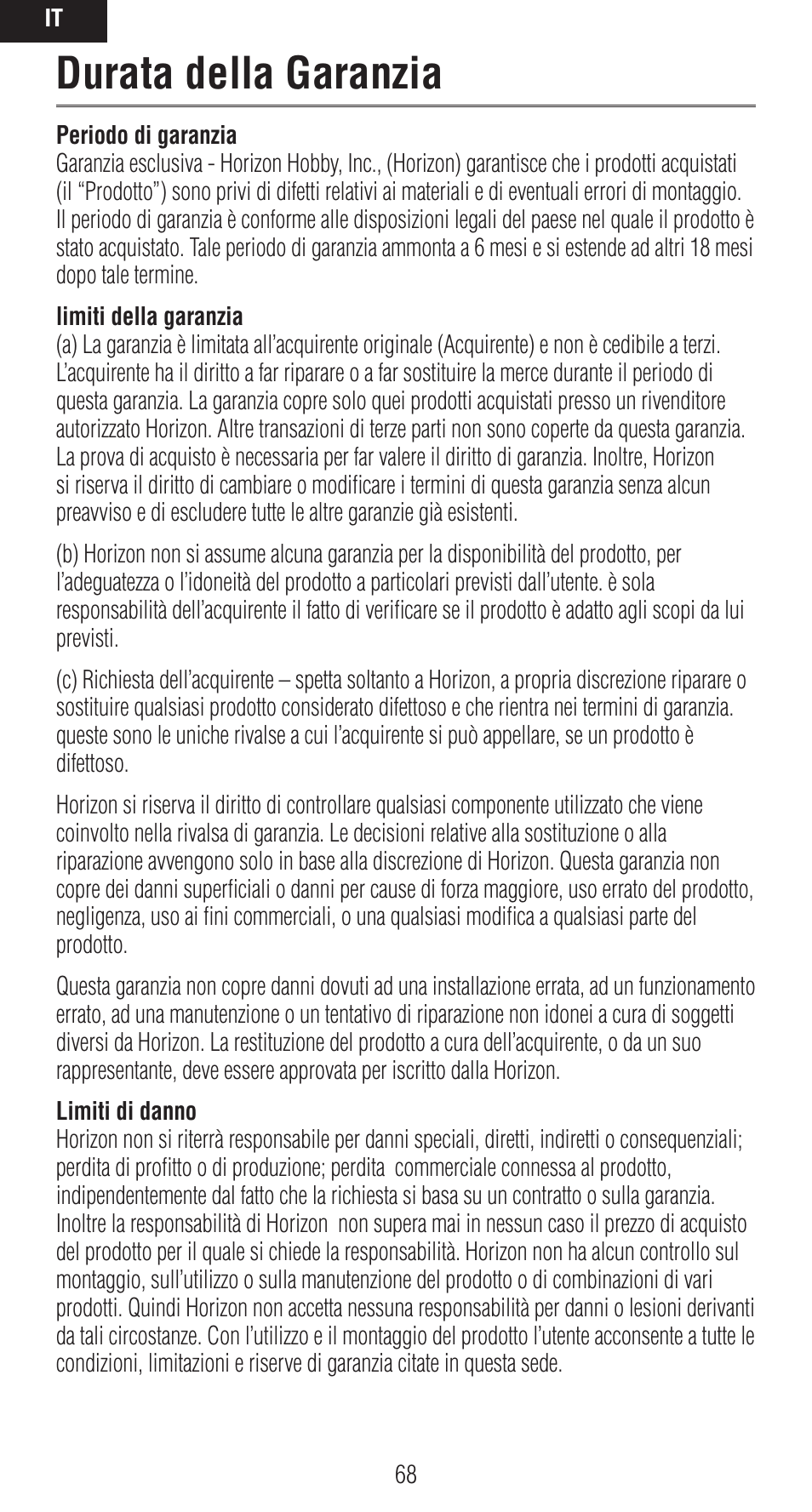 Durata della garanzia | Spektrum SPMAR9020 User Manual | Page 68 / 72