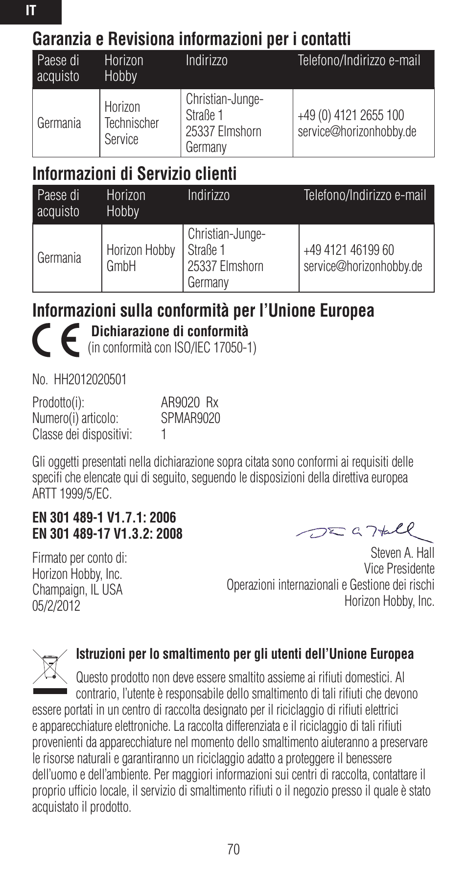 Garanzia e revisiona informazioni per i contatti, Informazioni di servizio clienti, Informazioni sulla conformità per l’unione europea | Spektrum SPMAR9020 User Manual | Page 70 / 72