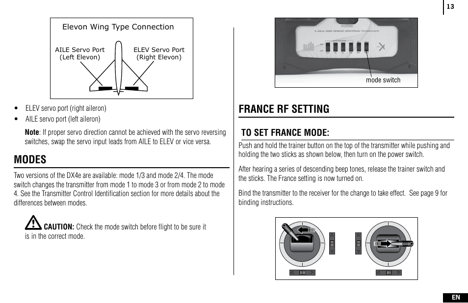 Modes, France rf setting | Spektrum SPMR4400 DX4e User Manual | Page 13 / 84