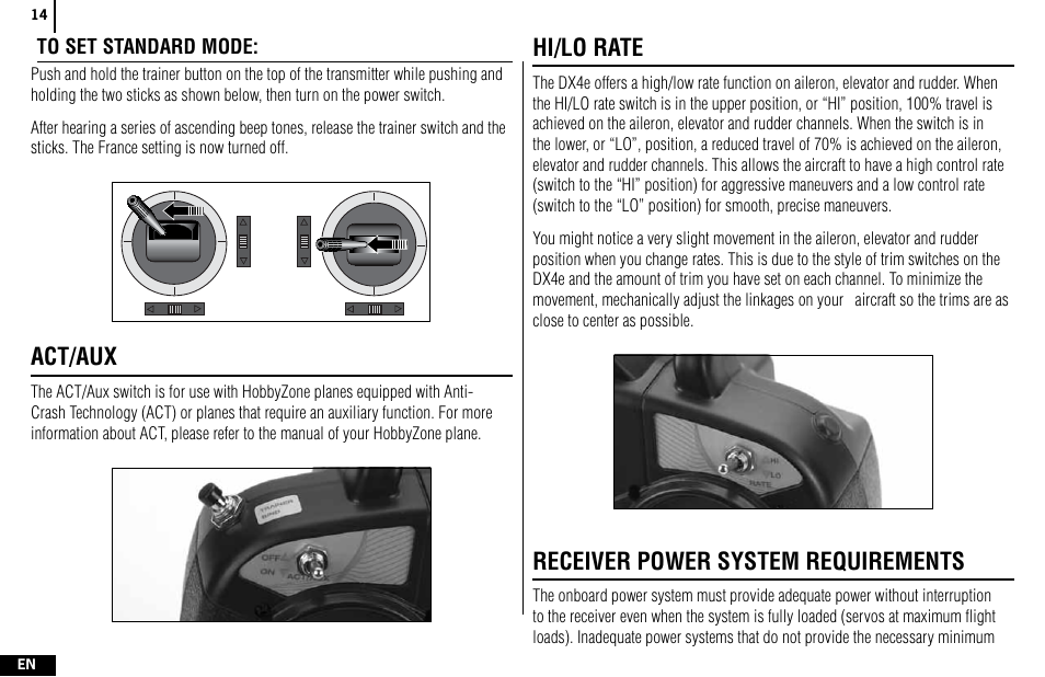 Act/aux, Hi/lo rate, Receiver power system requirements | Spektrum SPMR4400 DX4e User Manual | Page 14 / 84