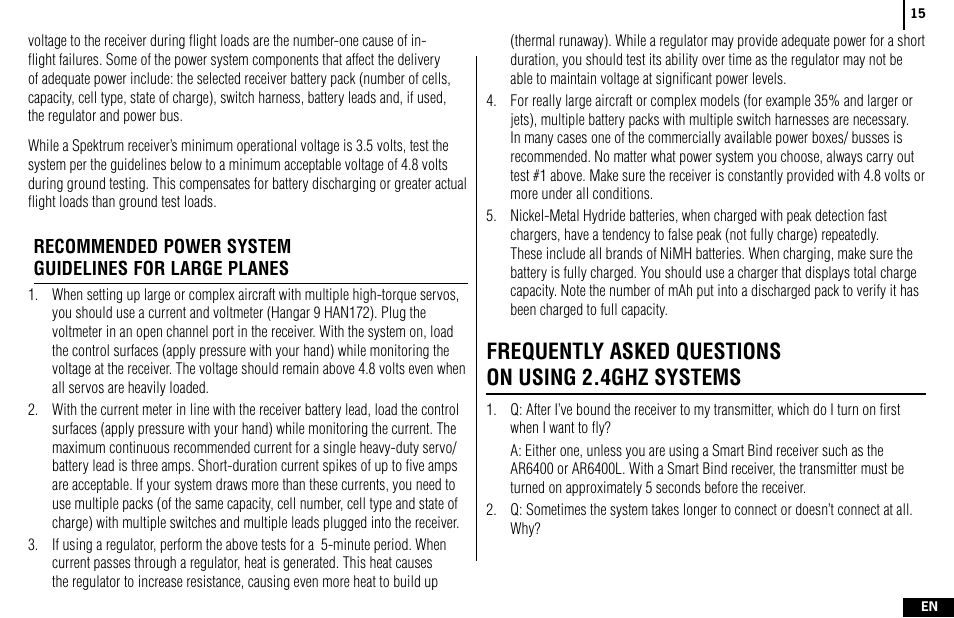 Frequently asked questions on using 2.4ghz systems | Spektrum SPMR4400 DX4e User Manual | Page 15 / 84