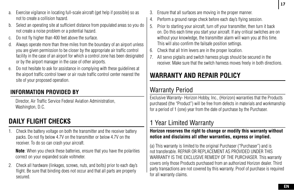 Daily flight checks, Warranty and repair policy warranty period, 1 year limited warranty | Spektrum SPMR4400 DX4e User Manual | Page 17 / 84