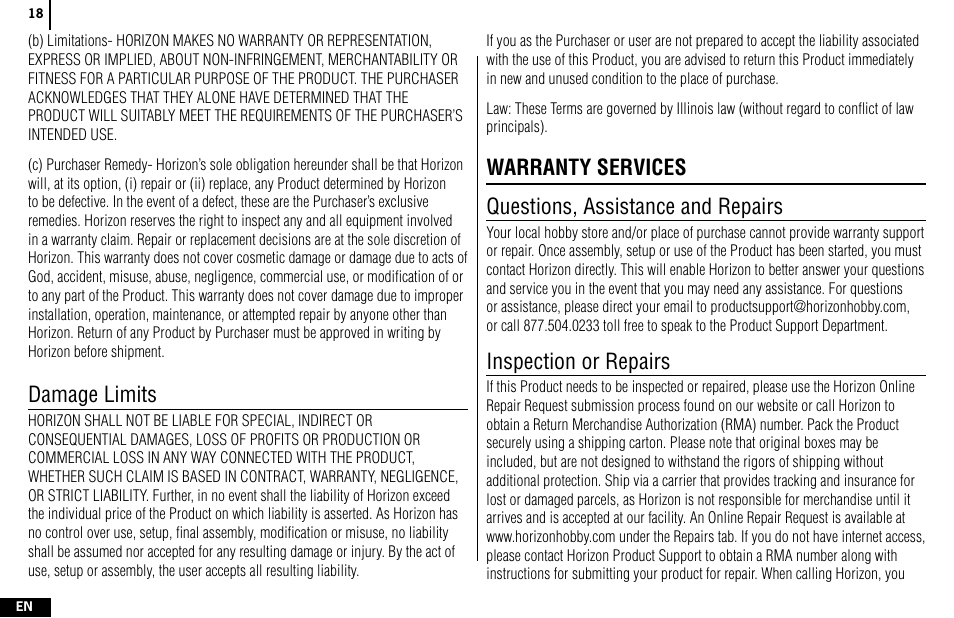 Damage limits, Inspection or repairs | Spektrum SPMR4400 DX4e User Manual | Page 18 / 84