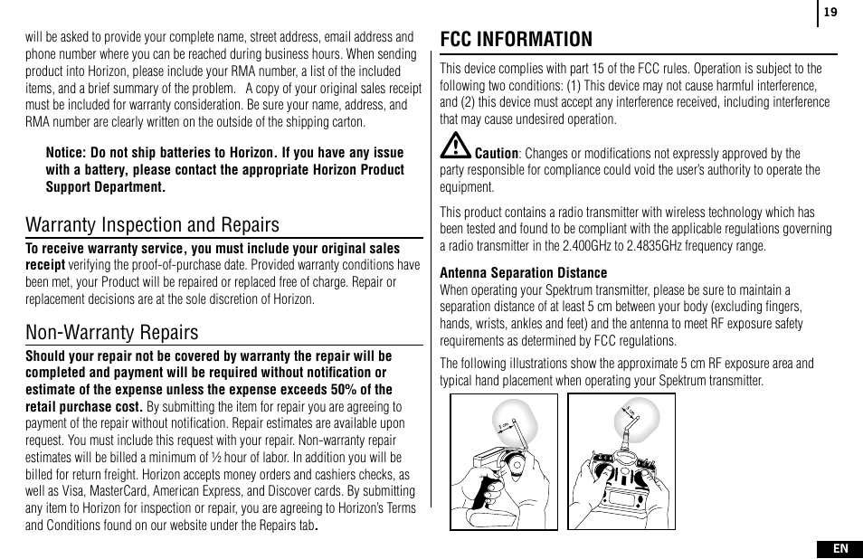 Warranty inspection and repairs, Non-warranty repairs, Fcc information | Spektrum SPMR4400 DX4e User Manual | Page 19 / 84