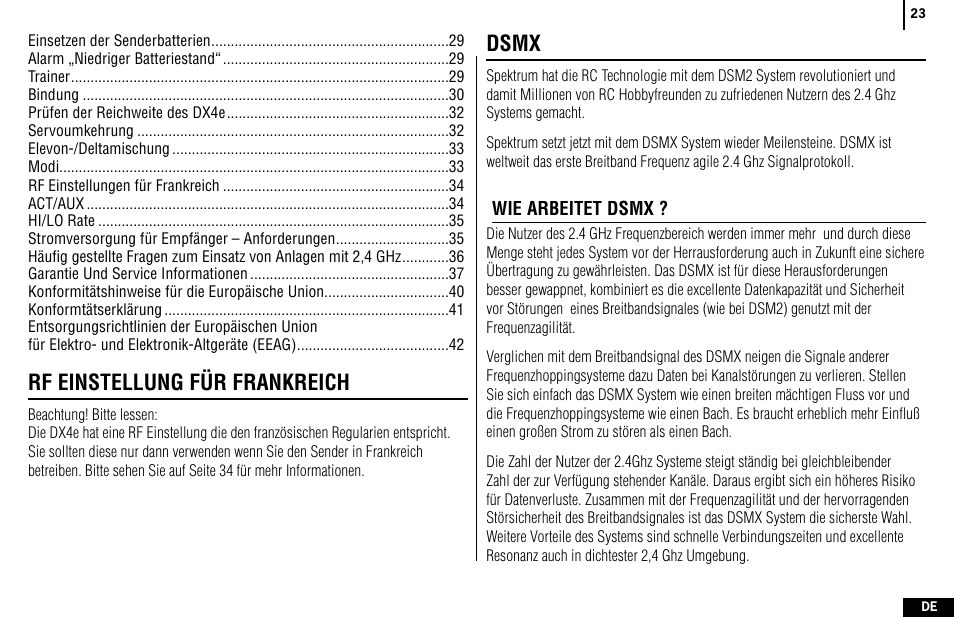 Rf einstellung für frankreich, Dsmx | Spektrum SPMR4400 DX4e User Manual | Page 23 / 84