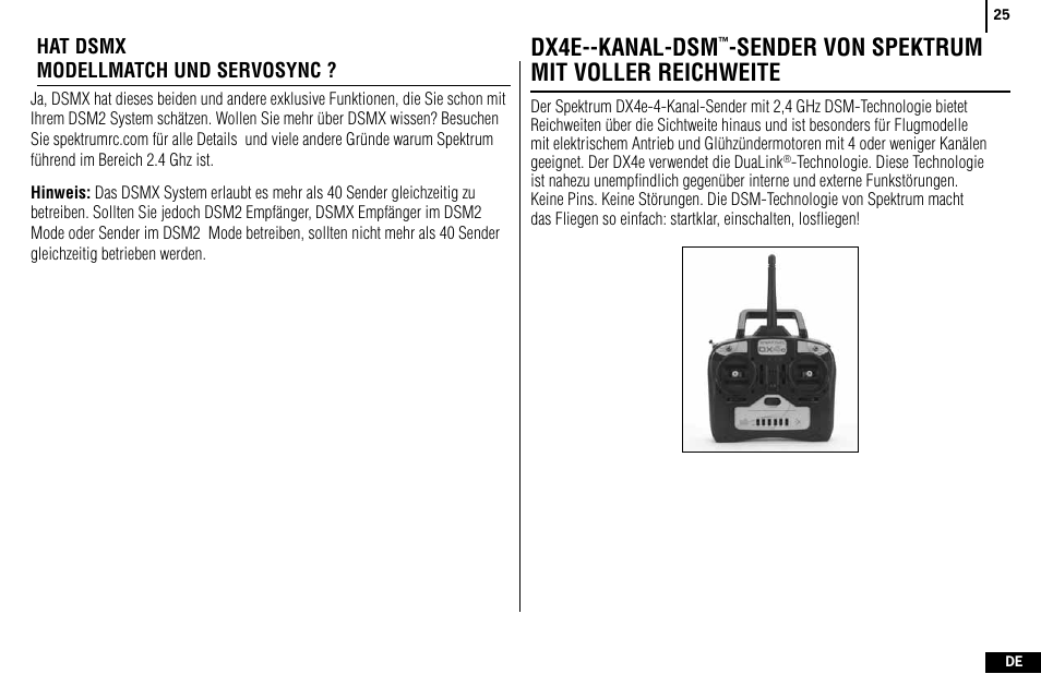 Dx4e--kanal-dsm, Sender von spektrum mit voller reichweite | Spektrum SPMR4400 DX4e User Manual | Page 25 / 84