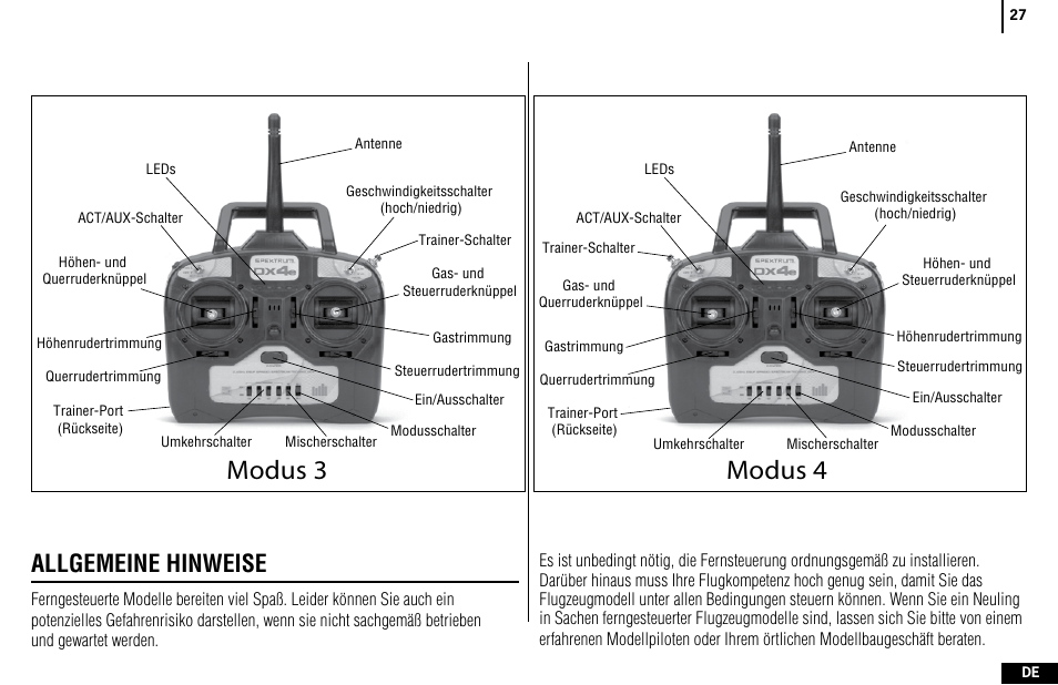 Modus 4, Modus 3, Allgemeine hinweise | Spektrum SPMR4400 DX4e User Manual | Page 27 / 84