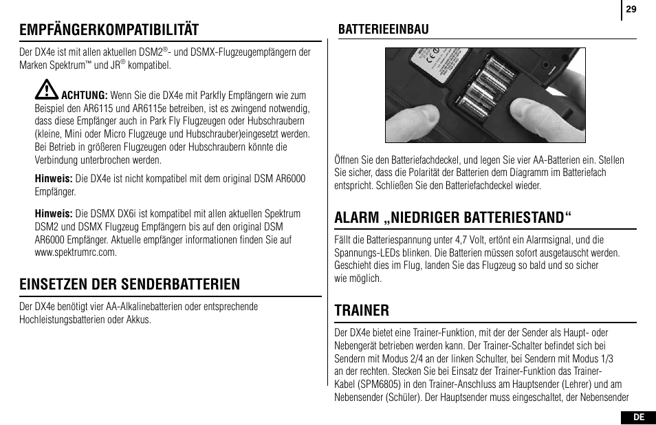 Empfängerkompatibilität, Einsetzen der senderbatterien, Alarm „niedriger batteriestand | Trainer | Spektrum SPMR4400 DX4e User Manual | Page 29 / 84