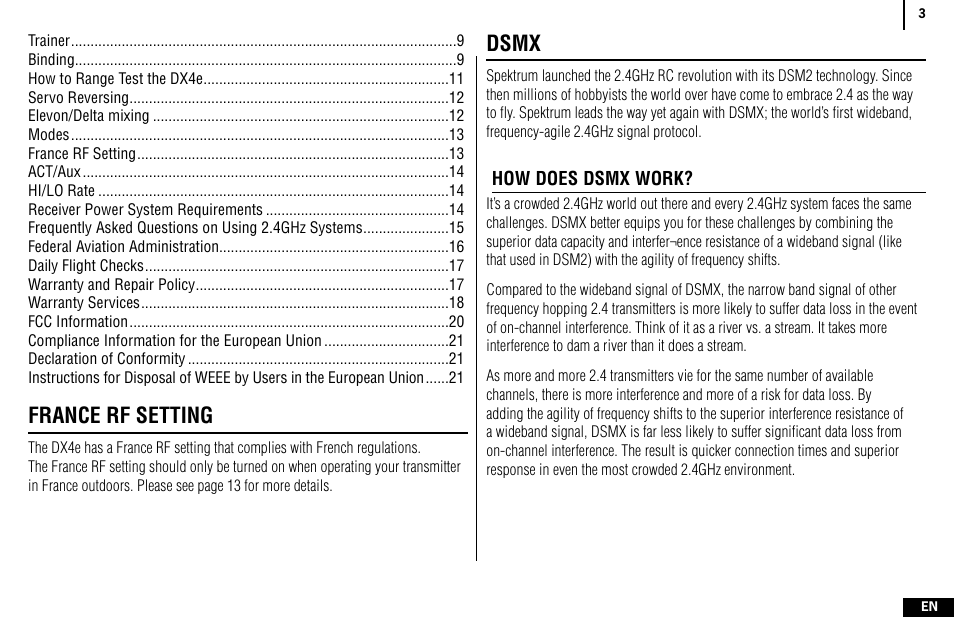 France rf setting, Dsmx | Spektrum SPMR4400 DX4e User Manual | Page 3 / 84