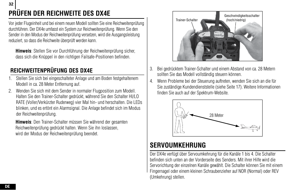 Prüfen der reichweite des dx4e, Servoumkehrung | Spektrum SPMR4400 DX4e User Manual | Page 32 / 84