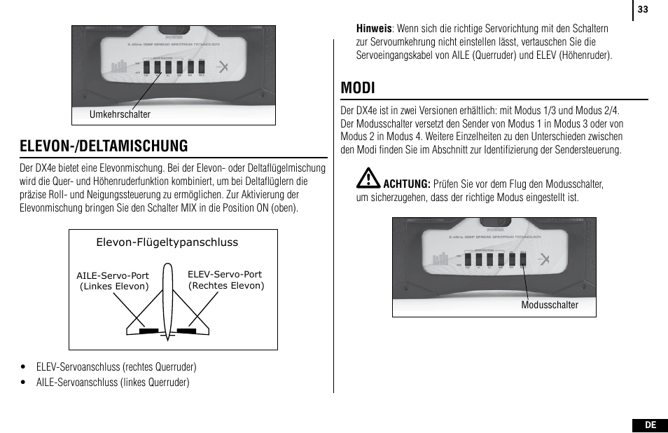 Elevon-/deltamischung, Modi | Spektrum SPMR4400 DX4e User Manual | Page 33 / 84