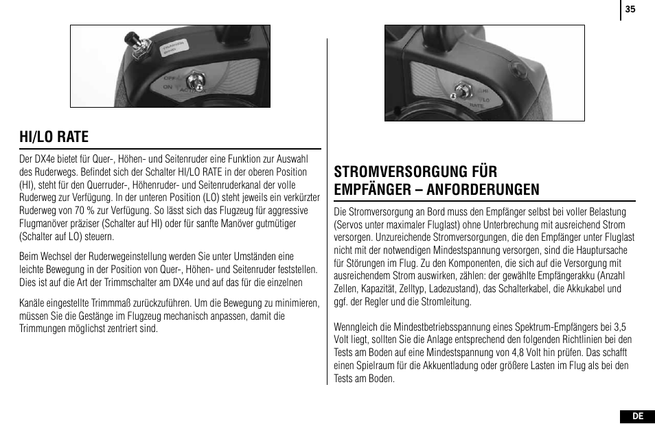Hi/lo rate, Stromversorgung für empfänger – anforderungen | Spektrum SPMR4400 DX4e User Manual | Page 35 / 84