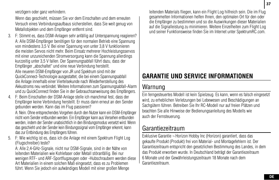 Garantie und service informationen warnung, Garantiezeitraum | Spektrum SPMR4400 DX4e User Manual | Page 37 / 84