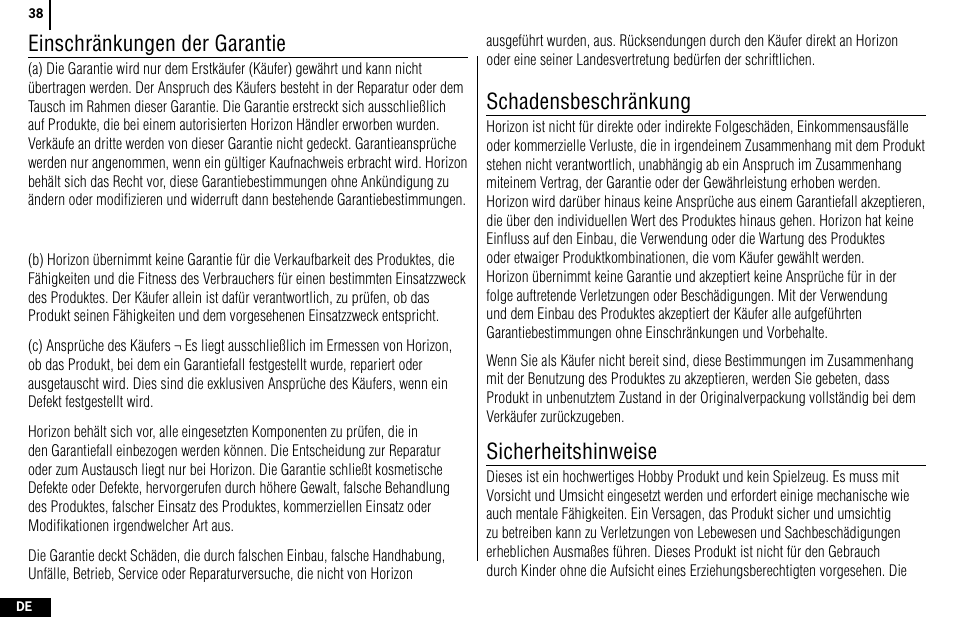 Einschränkungen der garantie, Schadensbeschränkung, Sicherheitshinweise | Spektrum SPMR4400 DX4e User Manual | Page 38 / 84
