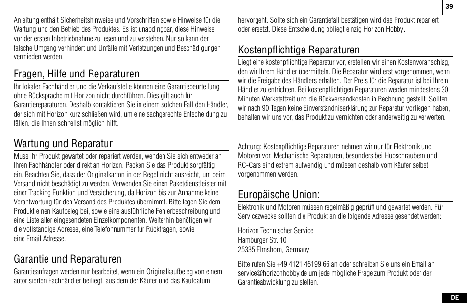 Fragen, hilfe und reparaturen, Wartung und reparatur, Garantie und reparaturen | Kostenpflichtige reparaturen, Europäische union | Spektrum SPMR4400 DX4e User Manual | Page 39 / 84