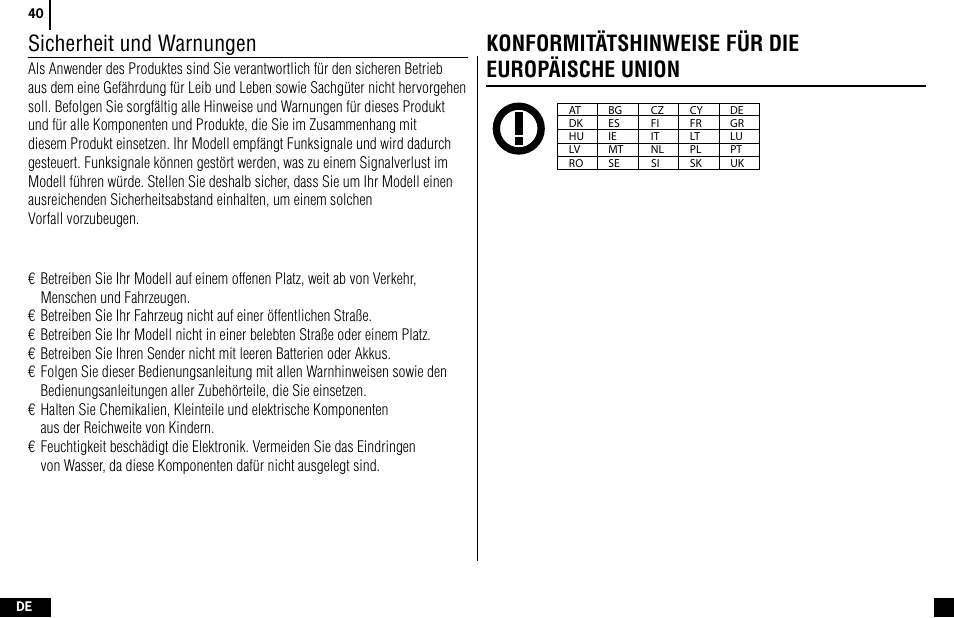 Sicherheit und warnungen, Konformitätshinweise für die europäische union | Spektrum SPMR4400 DX4e User Manual | Page 40 / 84