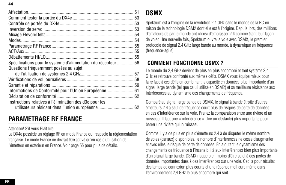 Parametrage rf france, Dsmx | Spektrum SPMR4400 DX4e User Manual | Page 44 / 84