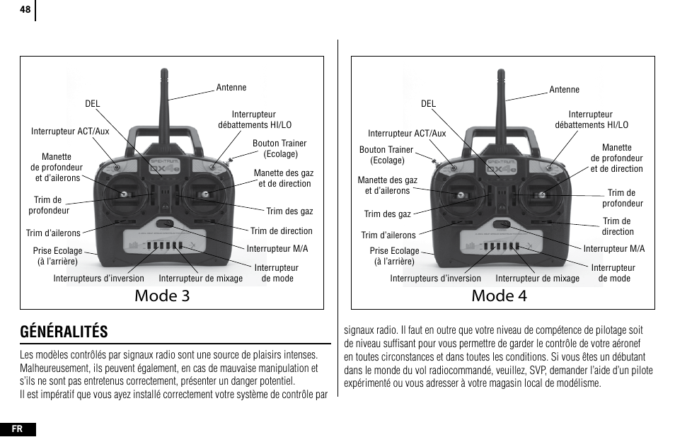 Mode 4, Mode 3, Généralités | Spektrum SPMR4400 DX4e User Manual | Page 48 / 84