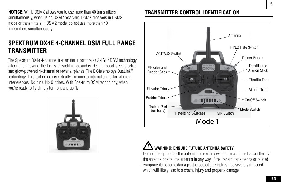 Mode 1, Spektrum dx4e 4-channel dsm full range transmitter, Transmitter control identification | Spektrum SPMR4400 DX4e User Manual | Page 5 / 84