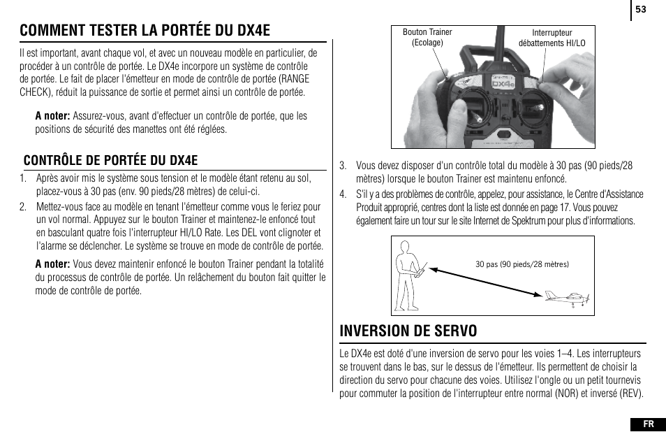 Comment tester la portée du dx4e, Inversion de servo, Contrôle de portée du dx4e | Spektrum SPMR4400 DX4e User Manual | Page 53 / 84