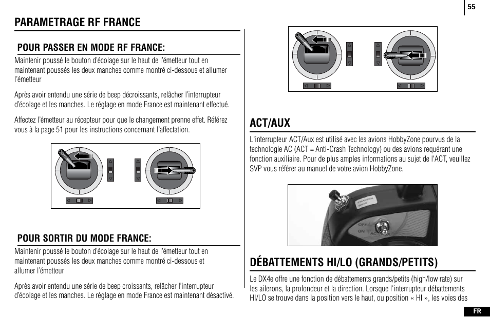 Parametrage rf france, Act/aux, Débattements hi/lo (grands/petits) | Spektrum SPMR4400 DX4e User Manual | Page 55 / 84