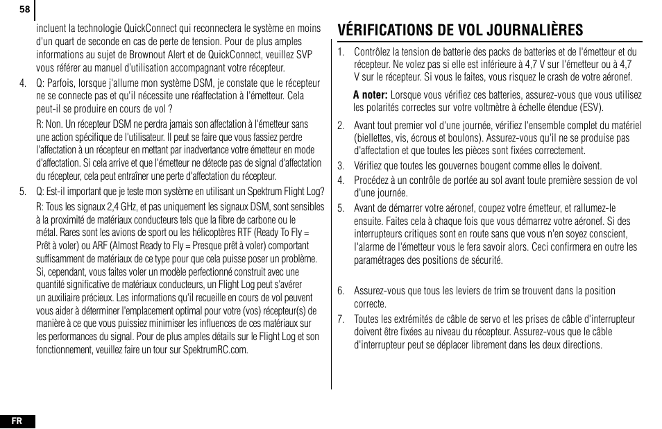 Vérifications de vol journalières | Spektrum SPMR4400 DX4e User Manual | Page 58 / 84